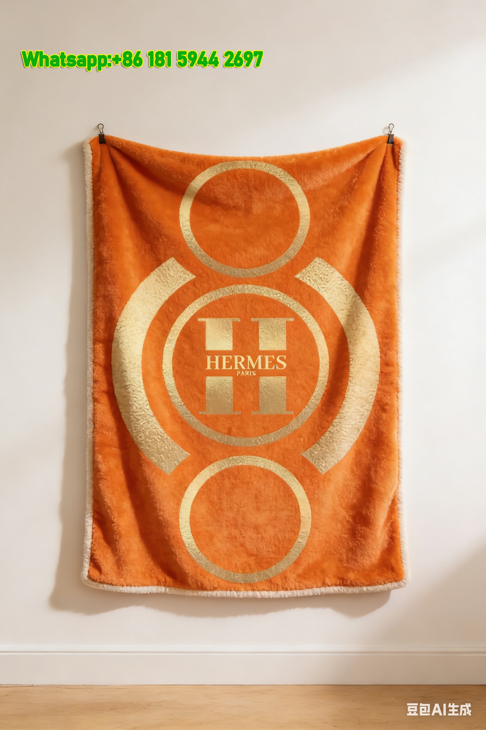 Hermès Paris Gold H Logo Orange Flannel Throw Blanket IMG_5169